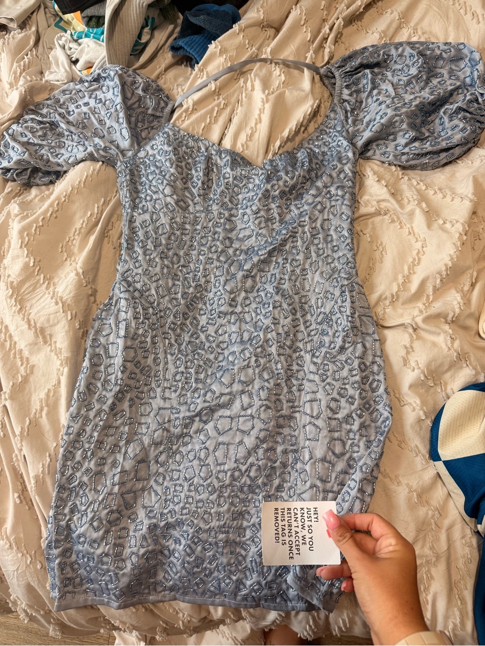 ASOS Light Blue Beaded Puff-Sleeve Mini Dress